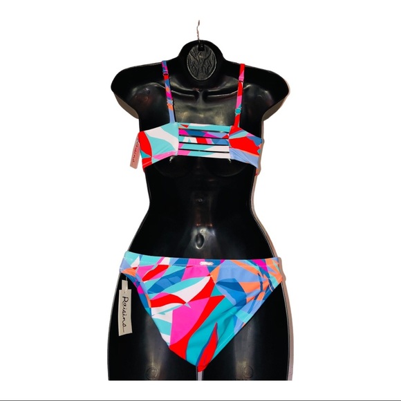 Abstract colorblock 2piece geometric print halter bikini set size XS new - Picture 4 of 14